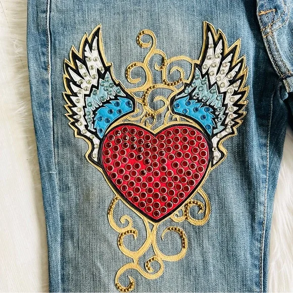 Kippys Swarovski Embellished Heart Wings Flare Leg Designer Jeans 